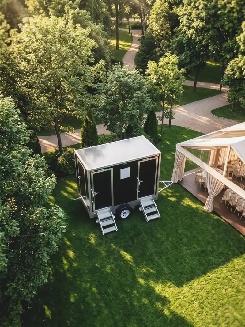 Restroom trailer at a backyard wedding